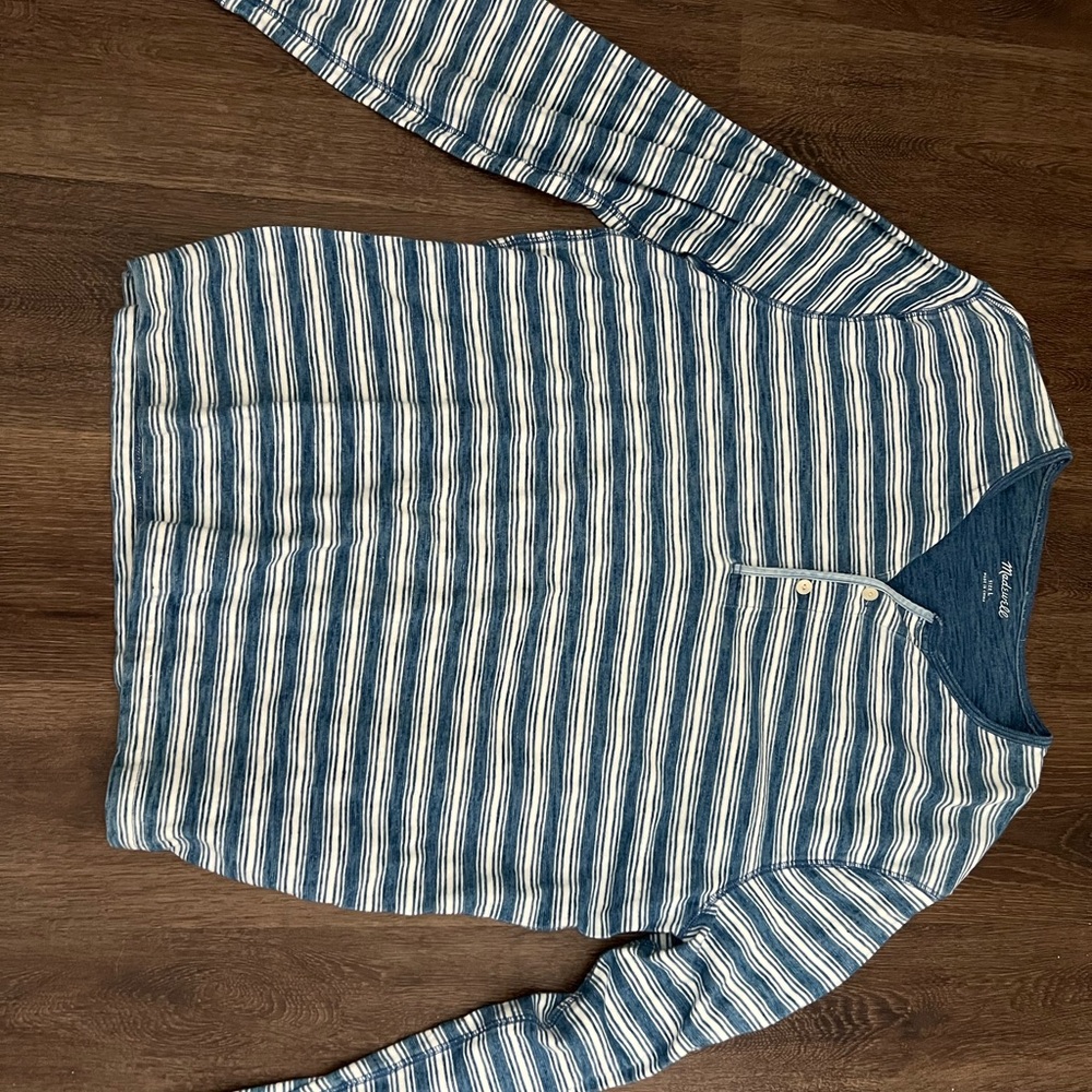 Madewell men’s Henley Blue and White Striped Long Sleeve Shirt